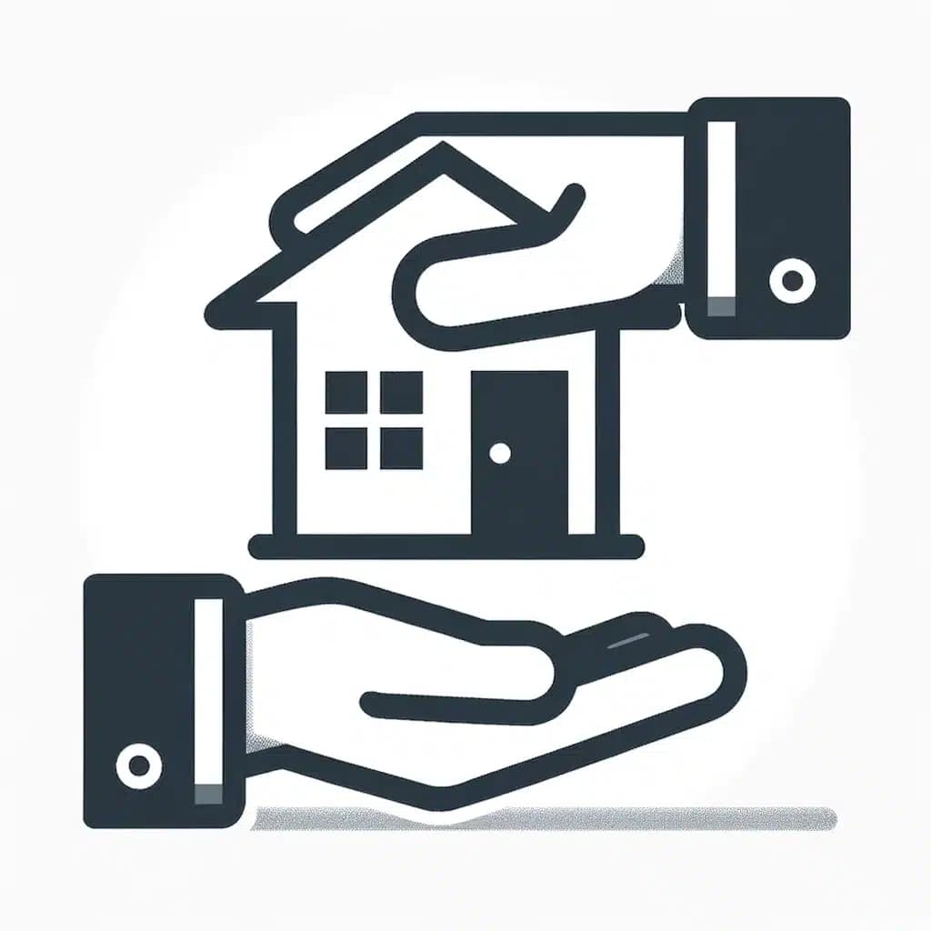 DALL·E 2024-02-28 11.22.41 - A simple illustration of a house being transferred from one hand to another, symbolizing the transfer of property ownership. The image should have a c
